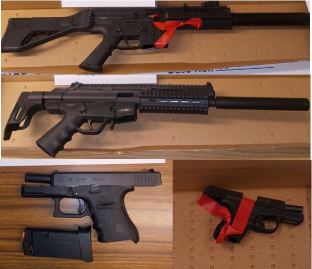 A collage of 3 photos shows a GSG-16 .22 calibre rifle, a GSG-15. 22 caliber rifle, and 2 pistols. sitting on an evidence table