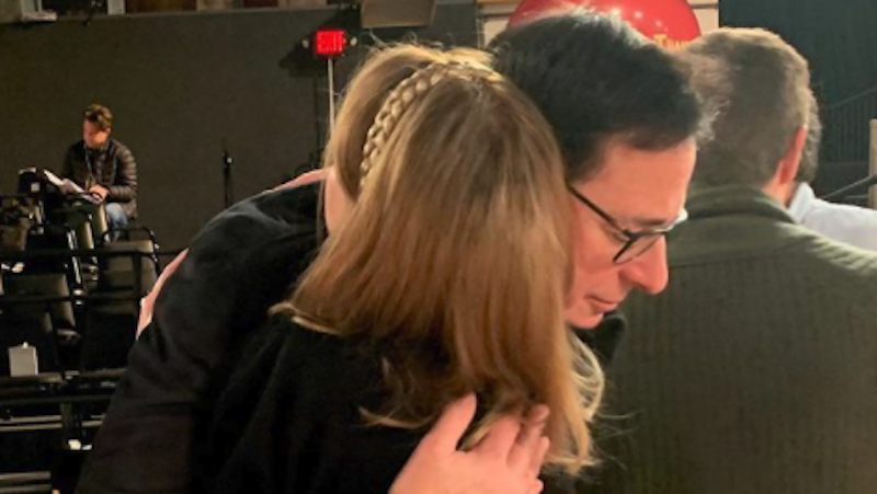 Bob Saget can be seen hugging Candace Cameron Bure backstage of a TV set