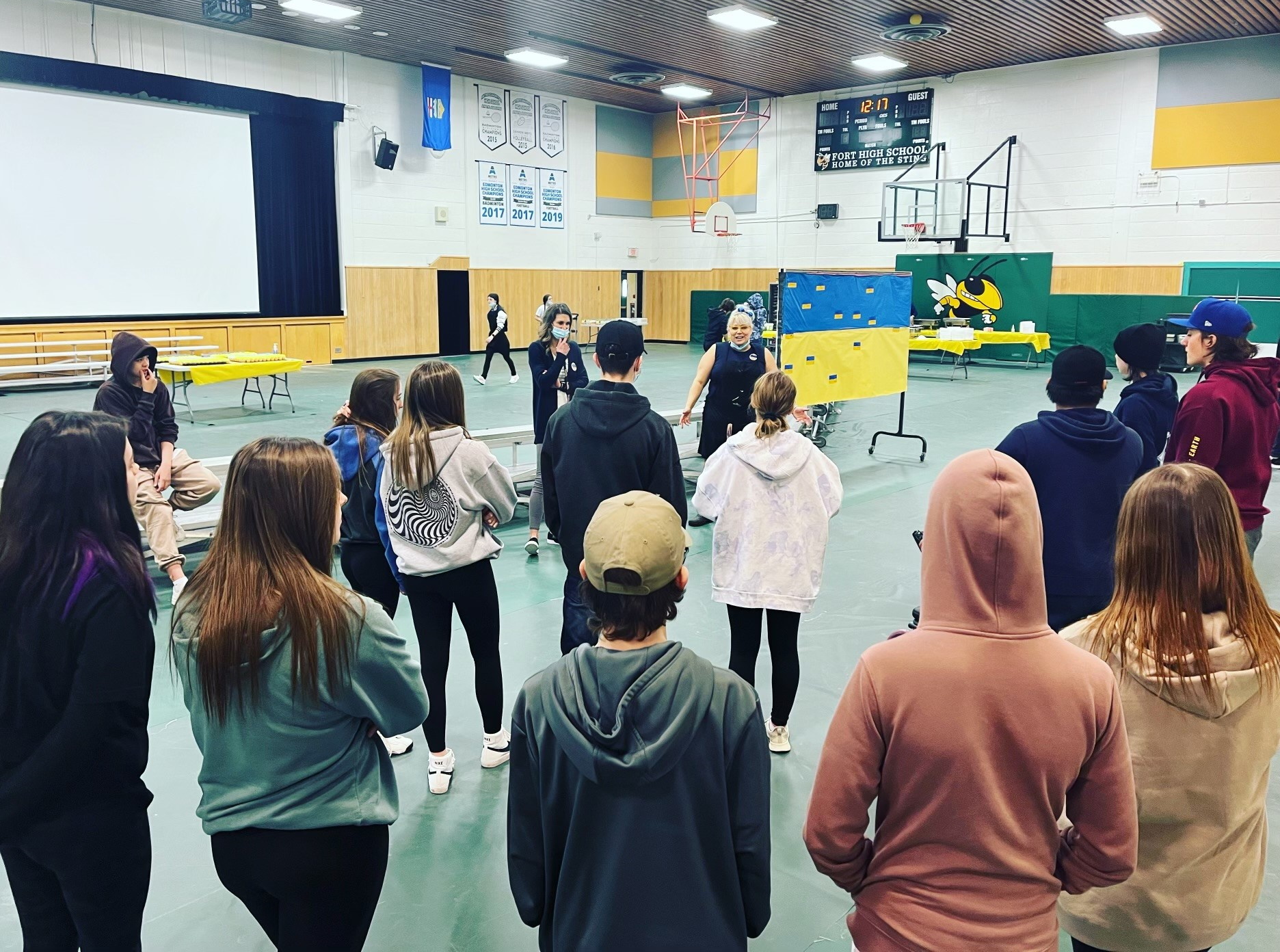 Students in the Fort High gym learning about Ukraine.
