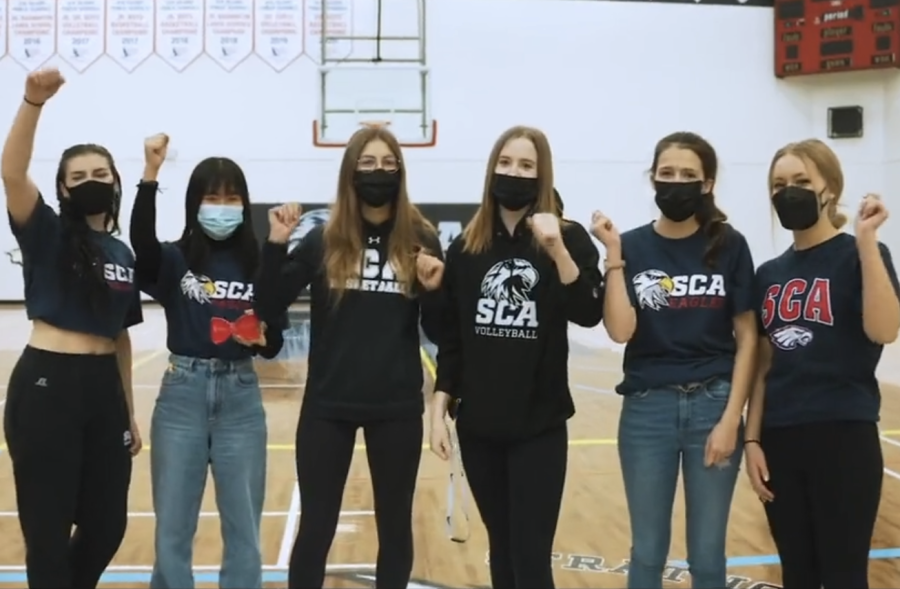 The six girls from SCA cheering after getting the Make Your Mark grant.