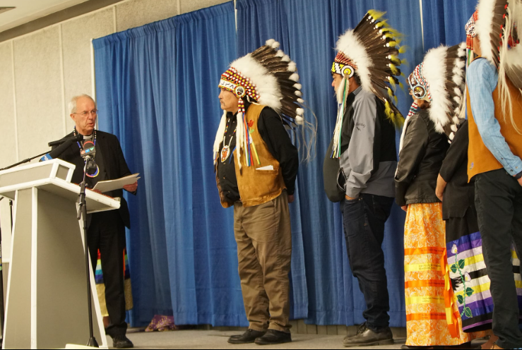 Archbishop of Canterbury Justin Welby speaking to Indigenous leaders in Canada. 