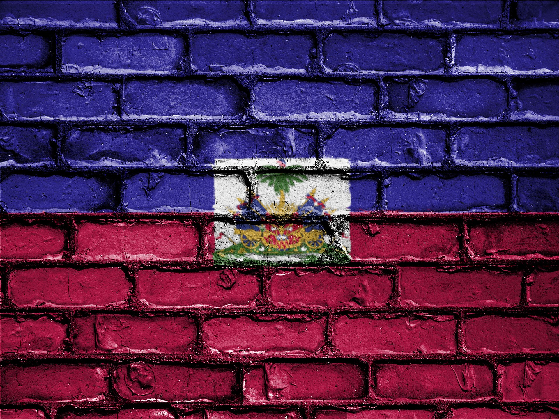 A blue and red Haitian flag painted on a brick wall