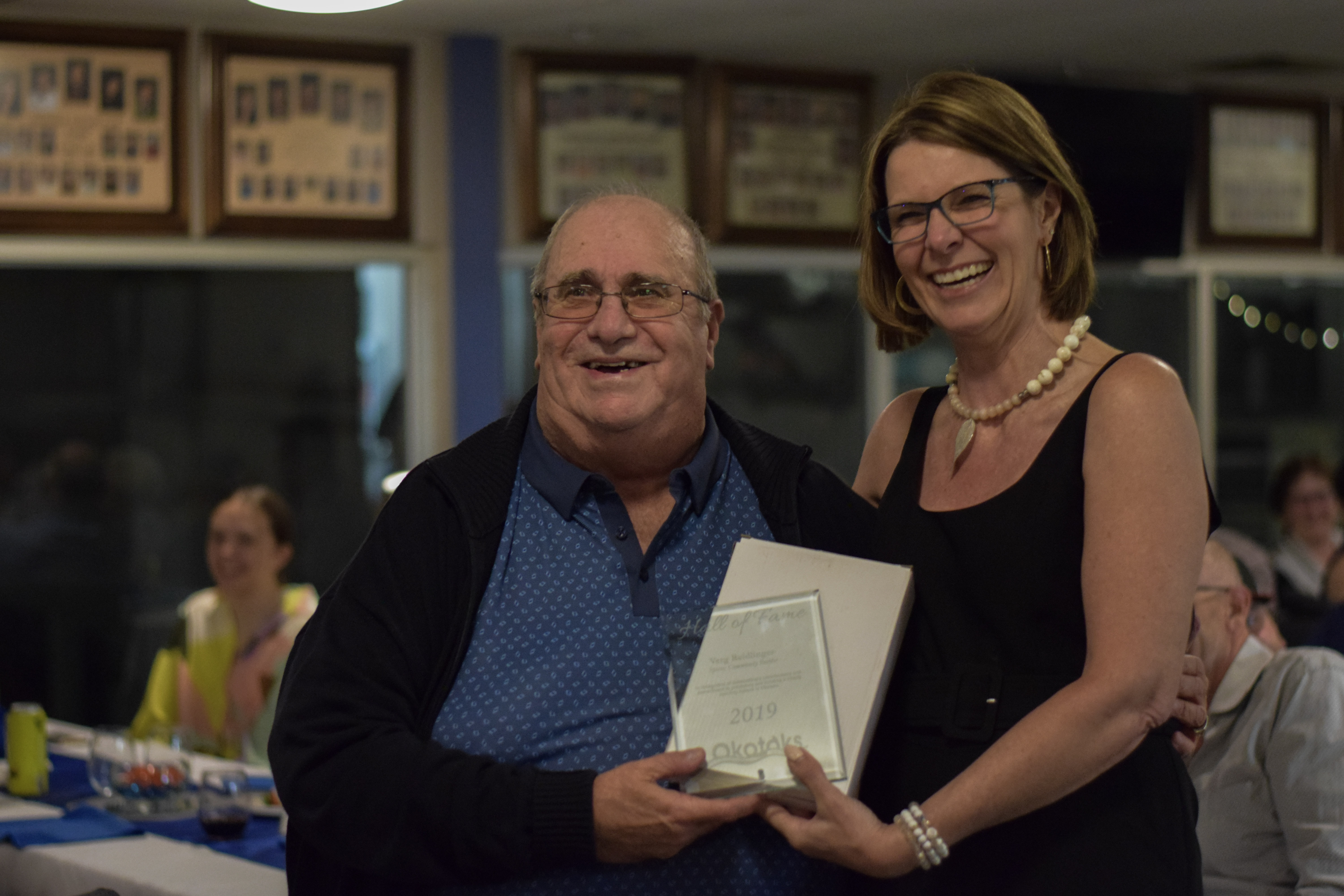 Okotoks Mayor Tanya Thorn with hall of fame inductee Verg Reidlinger at this year's Okotoks Hall of Fame ceremony. 