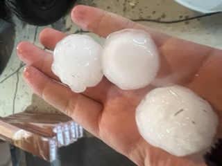Hand holding three toonie sized hail stones
