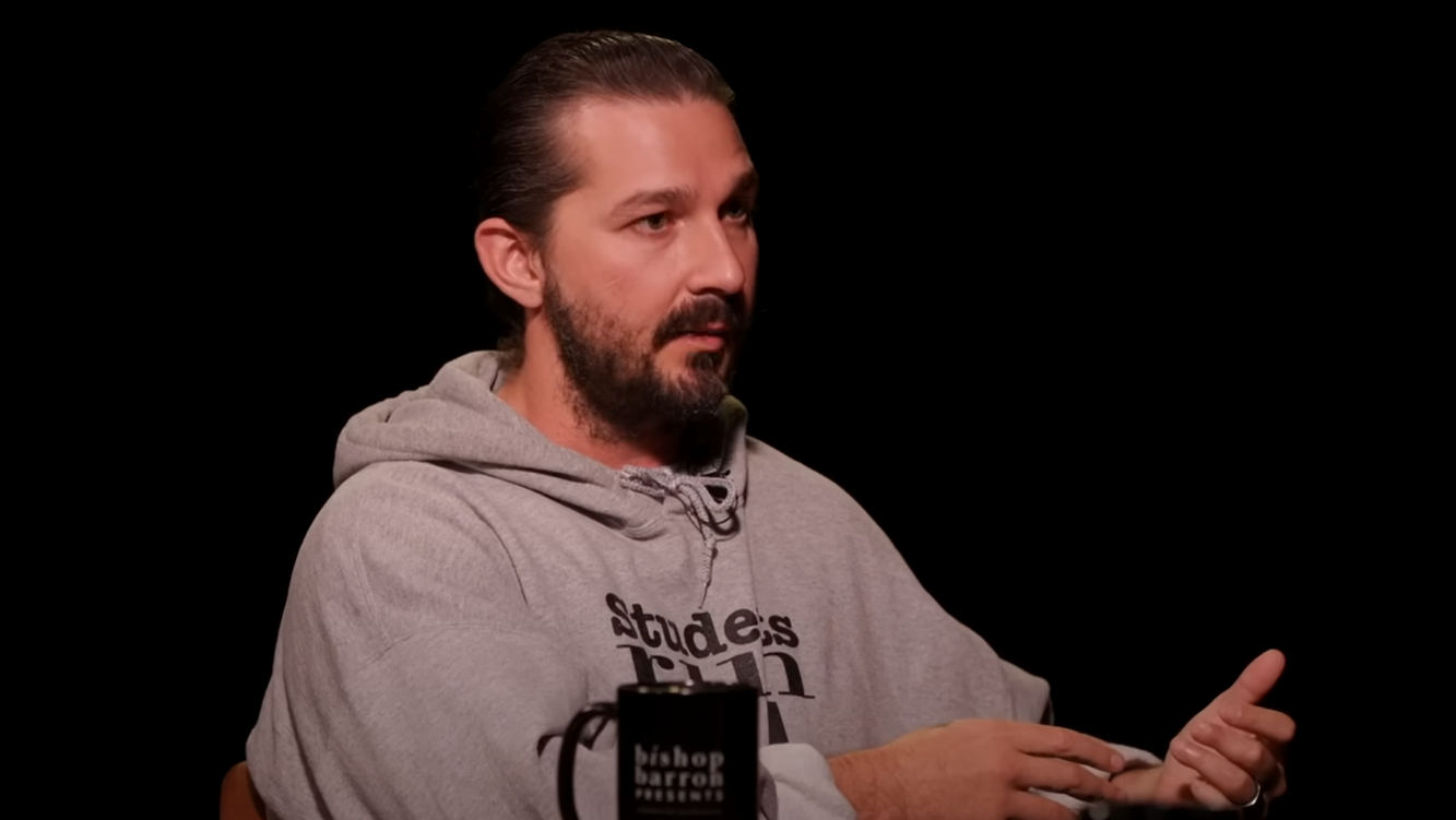 Shia LaBeouf during an interview with Bishop Barron Presents. 