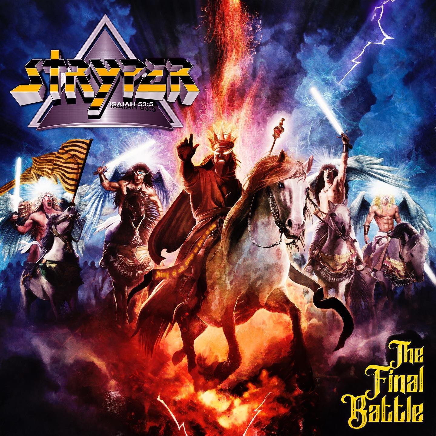 An album cover shows an apocalyptical scene of several men riding on horses with lightning and swords