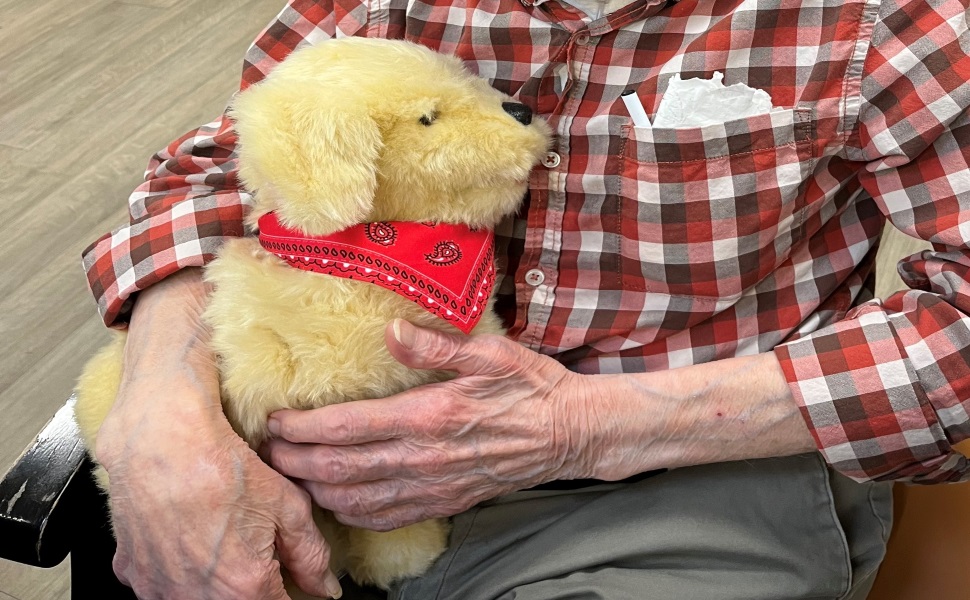 senior citizen holding a virtual dog