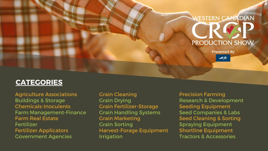two farmers shaking hands with trade show exhibit categories overlayed on top