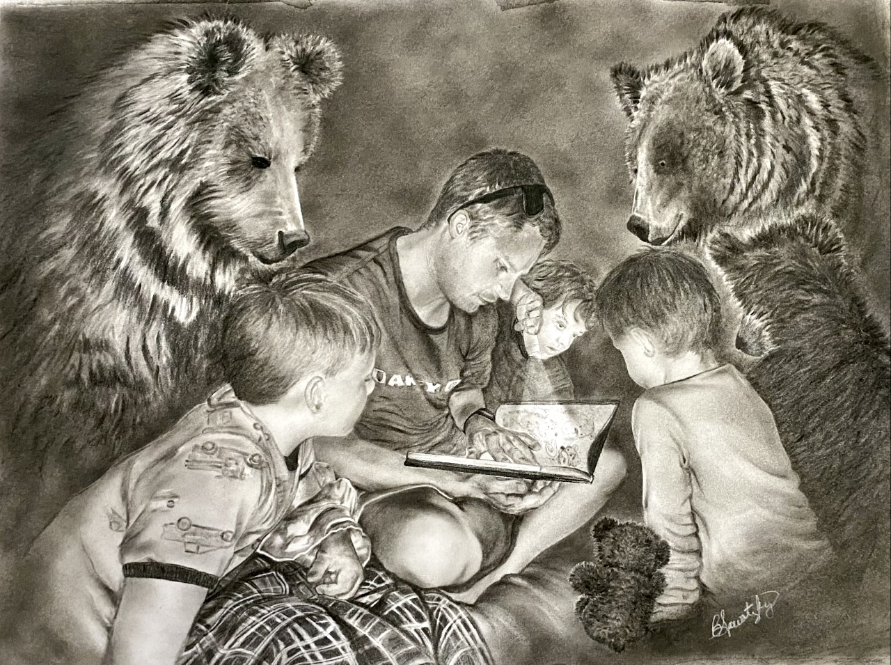 drawing of a dad reading a story to his sons and 2 grizzly bears