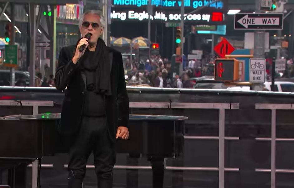 Andrea Bocelli performing in New York's Time Square for the launch of his new movie, The Journey. 
