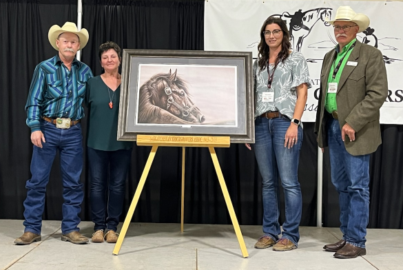 Brian and Debbie Highsaw with SSGF's Mindy Hockley and SSGA President Garner DeoboldTESA award a large sketch of a horse 