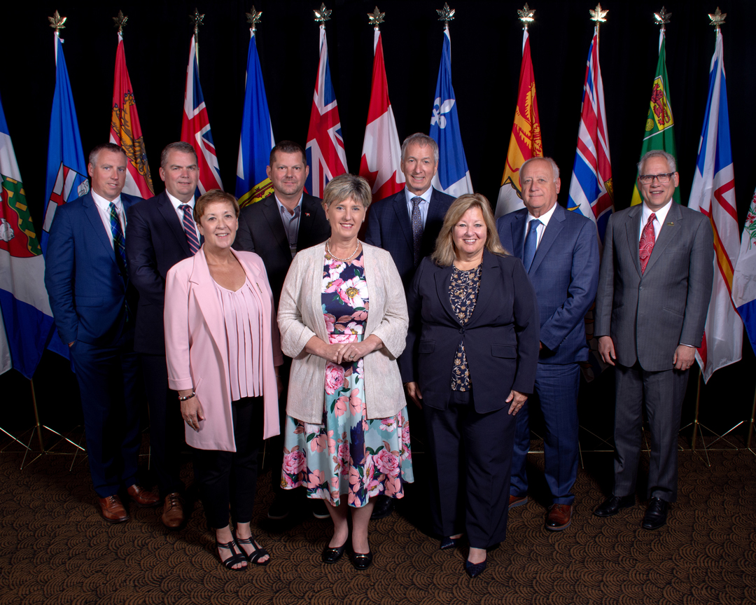 The country's agriculture ministers standing in front of provincial flags during the FPT meetings