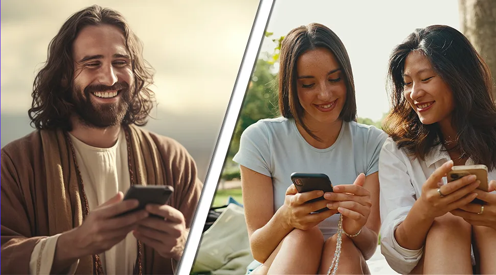 A split photo shows a man with long dark hair and beard holding a phone and smiling; on the right two women sit beside each other and smile while looking at a phone