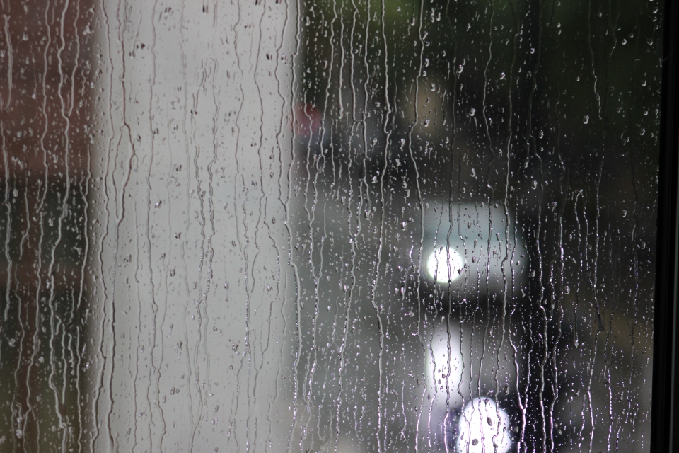 Rain falling on a window, with streetlights in the background.