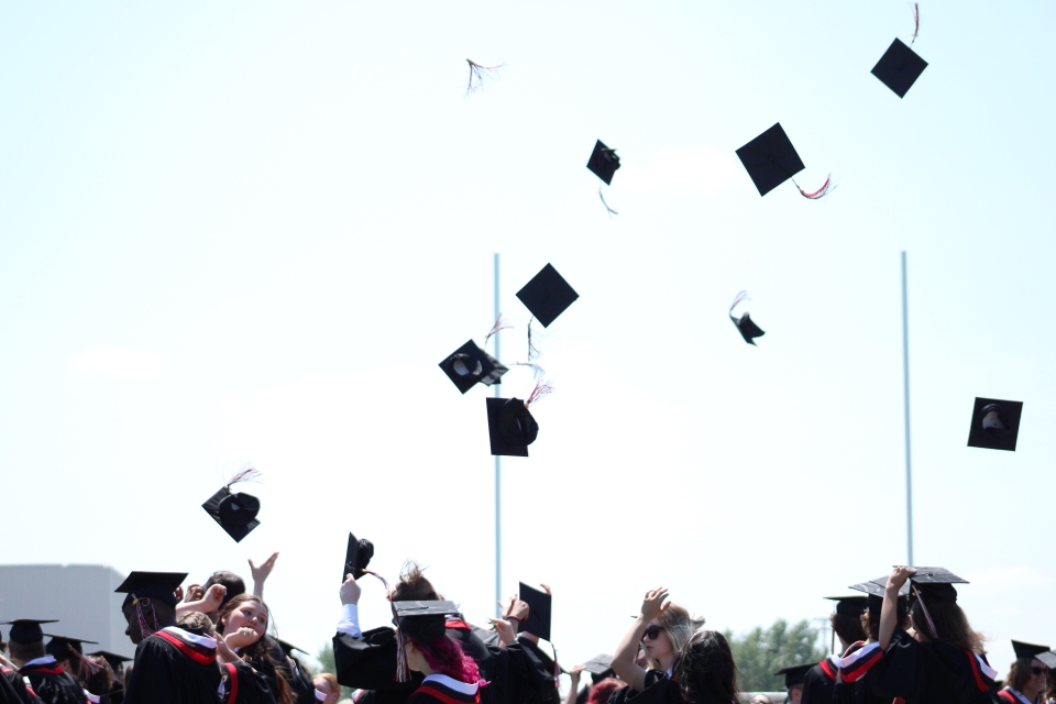 High school graduates throwing their caps into the air. 