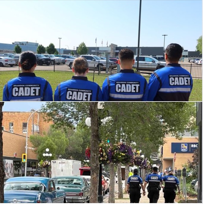 four young adults standing in a row wearing special shirts that read, 'Brandon Police Service Cadets'