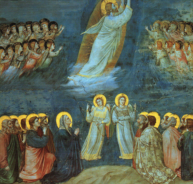 iconagraphy art shows the ascension of Jesus while people look on