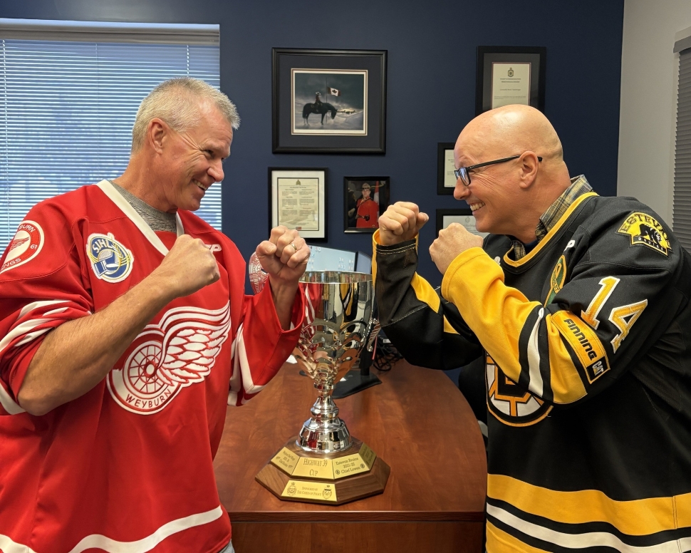 Weyburn Police Chief Brent VandeSype and Estevan Police Chief Jamie Blunden 