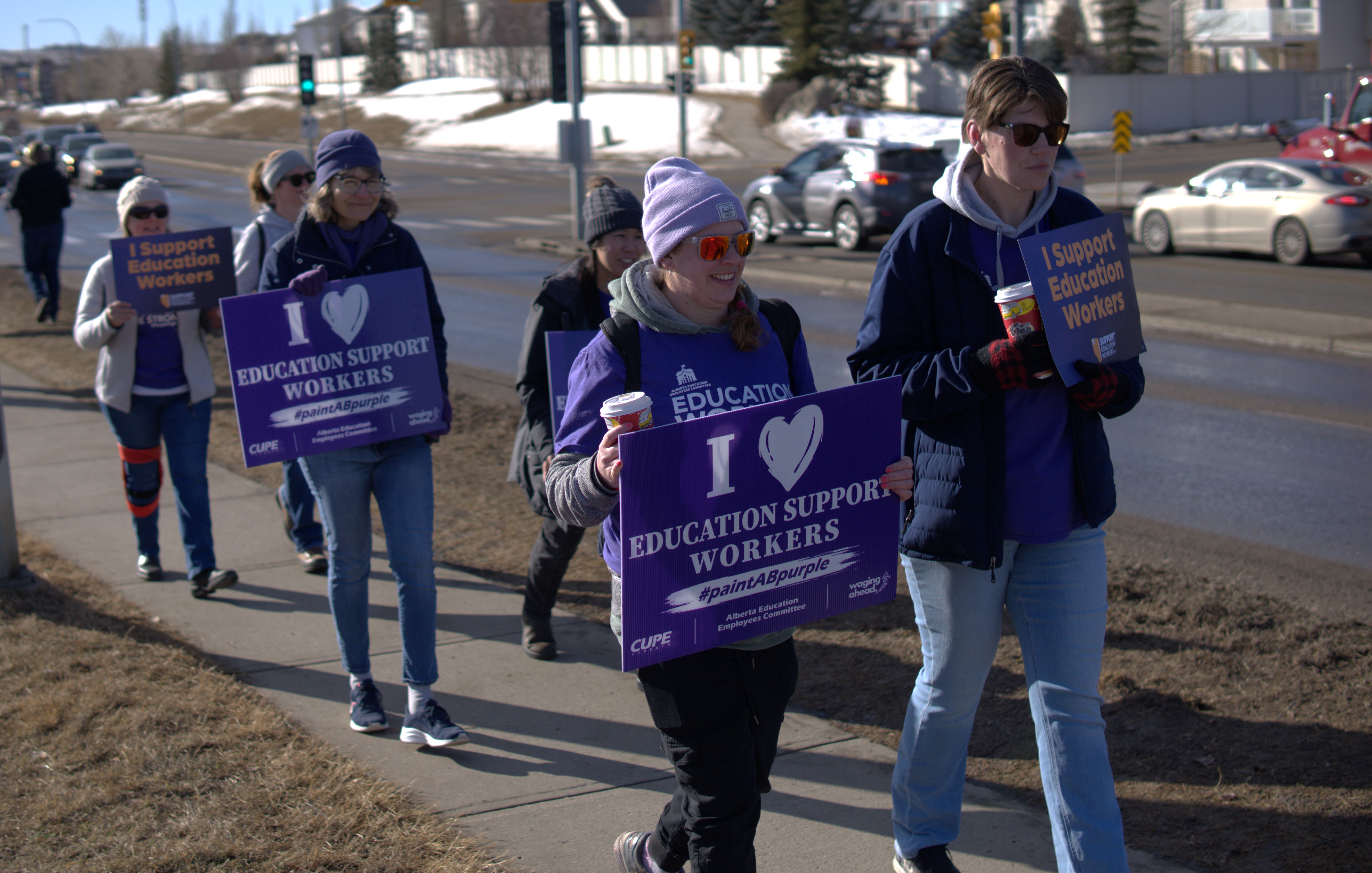 CUPE Local 5040 members picketing near the Foothills Composite High School on February 24, 2025. OkotoksOnline/Harrison O'Nyons