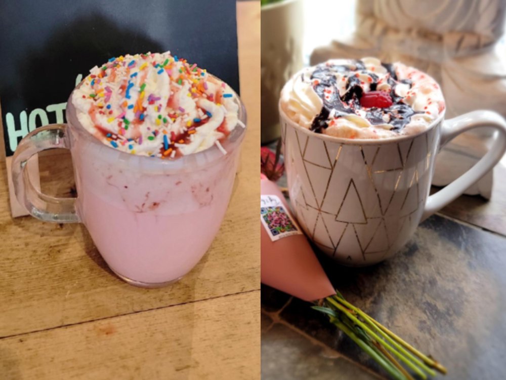 Two mugs of hot chocolate from Home Ground and Tribal Connections.