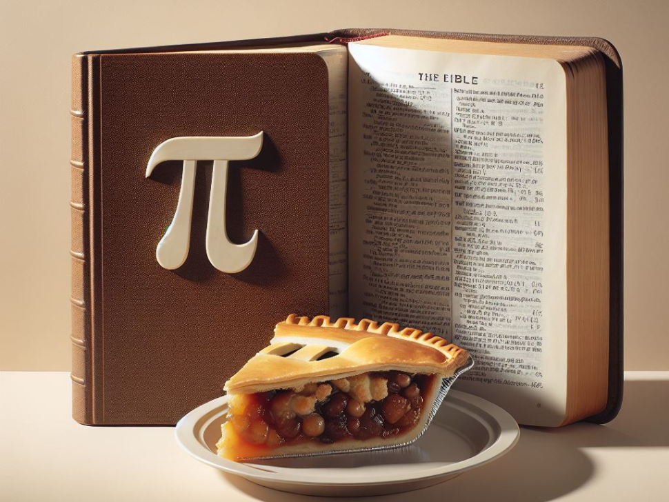 A bible stands up on a table, a Pi symbol, and a thick slice of apple pie