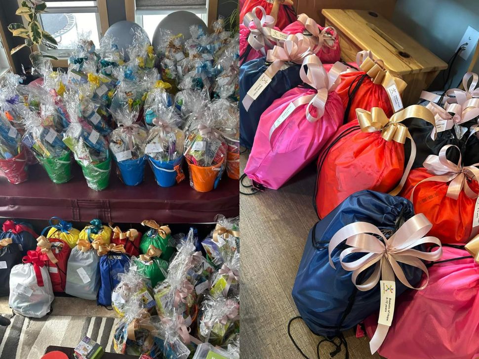 The gift baskets and bags that Discovery Toys put together to bless kids going through a hard time. 