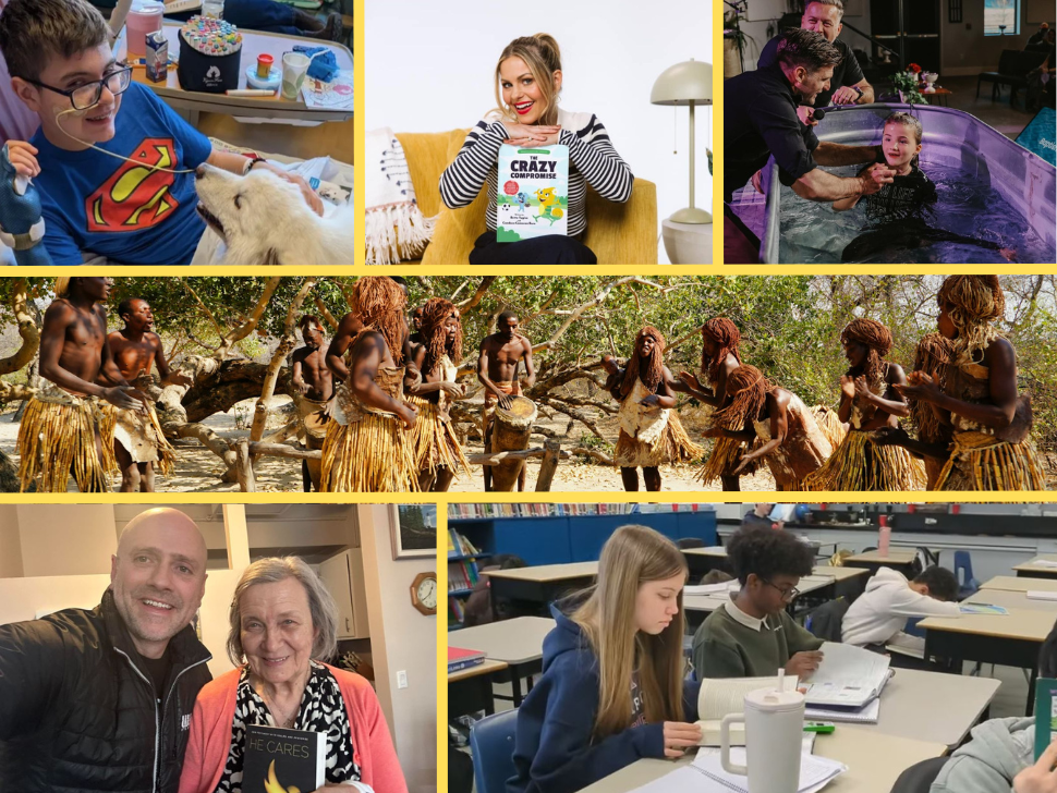 a collage of different photos: a boy in hospital bed with a dog; candace cameron bure holds a book; a young girl smiles coming out of baptism water; nomadic tribal dance; students read in a classroom at their desks; a man and woman smile while holding a Bible