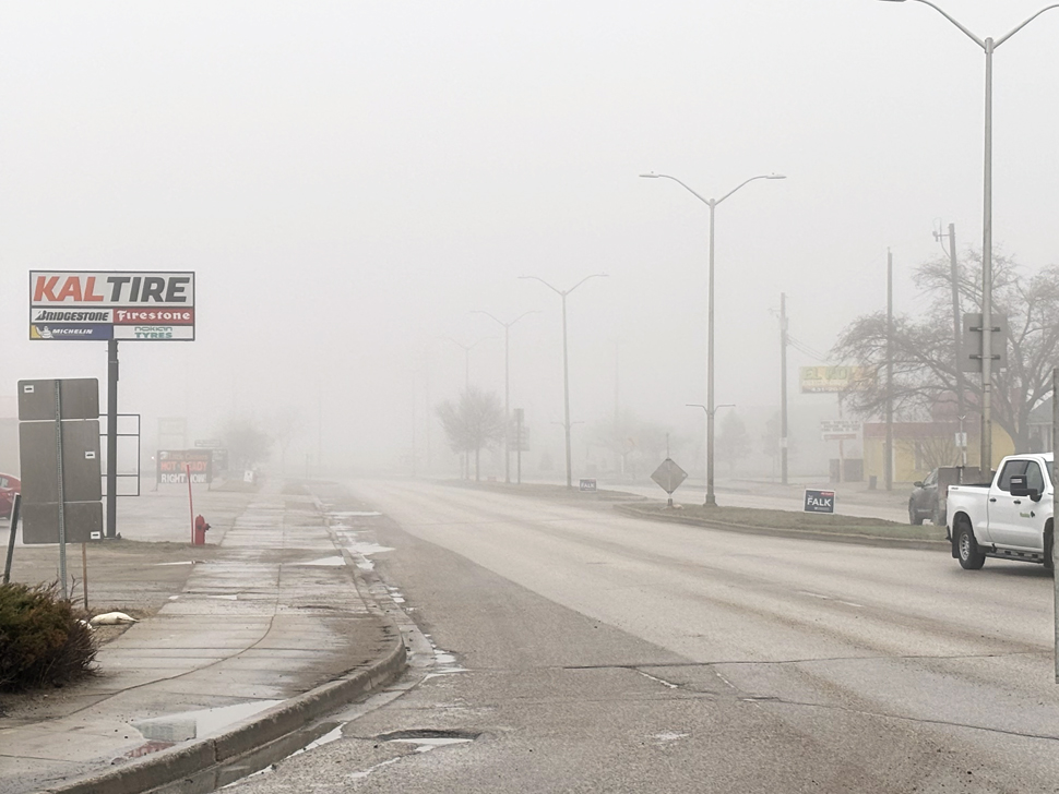 Foggy conditions over Steinbach Monday morning around 7:30am looking northwest along Hwy 52.