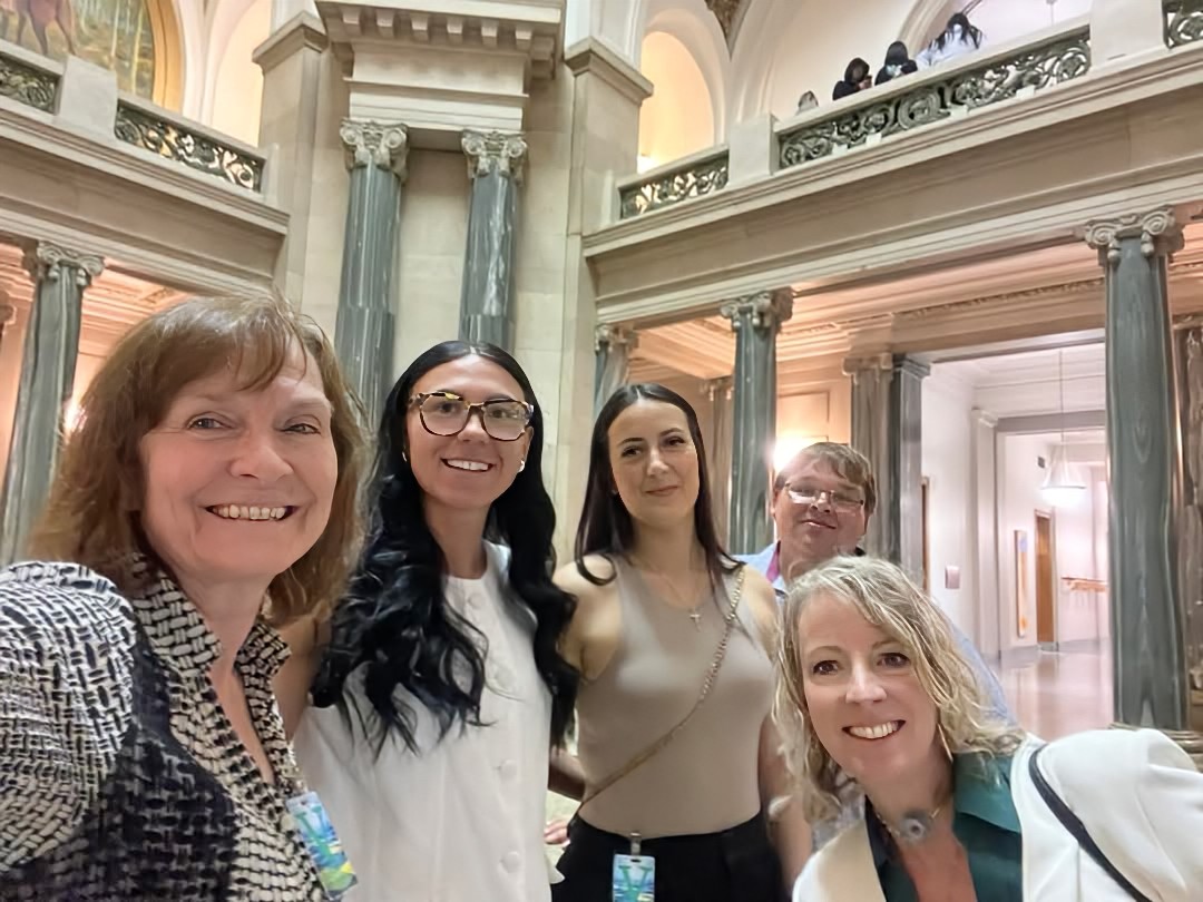(l-r) Della Ferguson, Tiara Wolff, Tori Gibson, Max Eckstein, and Megan Patterson at the Legislative Building in Regina