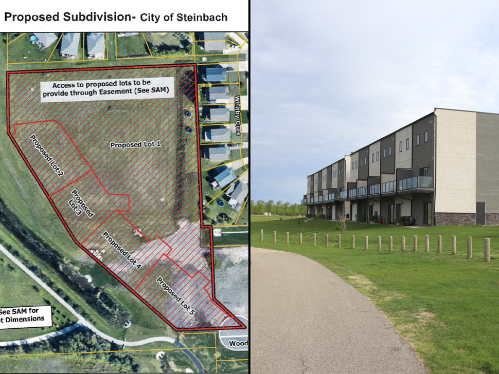 On the left, a subdivision map, on the right, two buildings in grass