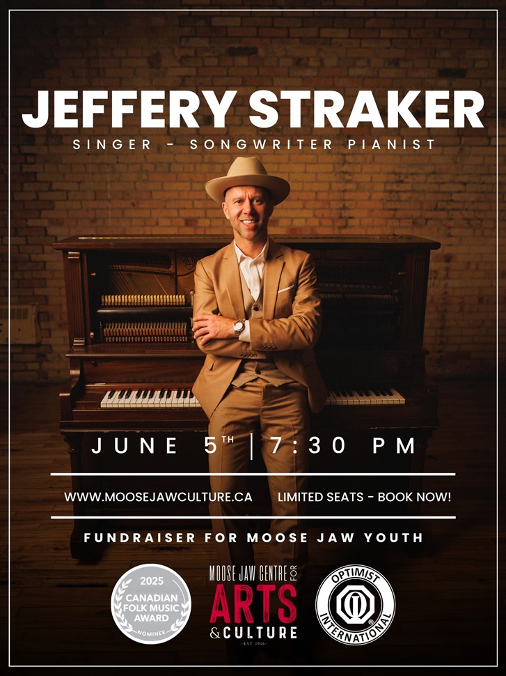 A promotional poster for a performance by Jeffery Straker, a singer-songwriter and pianist. The image features Jeffery Straker dressed in a tan suit and hat, standing in front of an upright piano with arms crossed. The background is a brick wall.