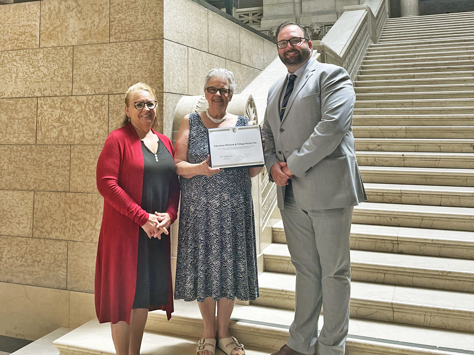 Konrad Narth (far right), MLA for La Verendrye with Helen Feniuk (centre) Director of Ukrainian Museum and Village Inc. and Michelle Gawronsky (far left) RM of Stuartburn Reeve at the Manitoba Legislature, May 14, 2025. (photo provided)