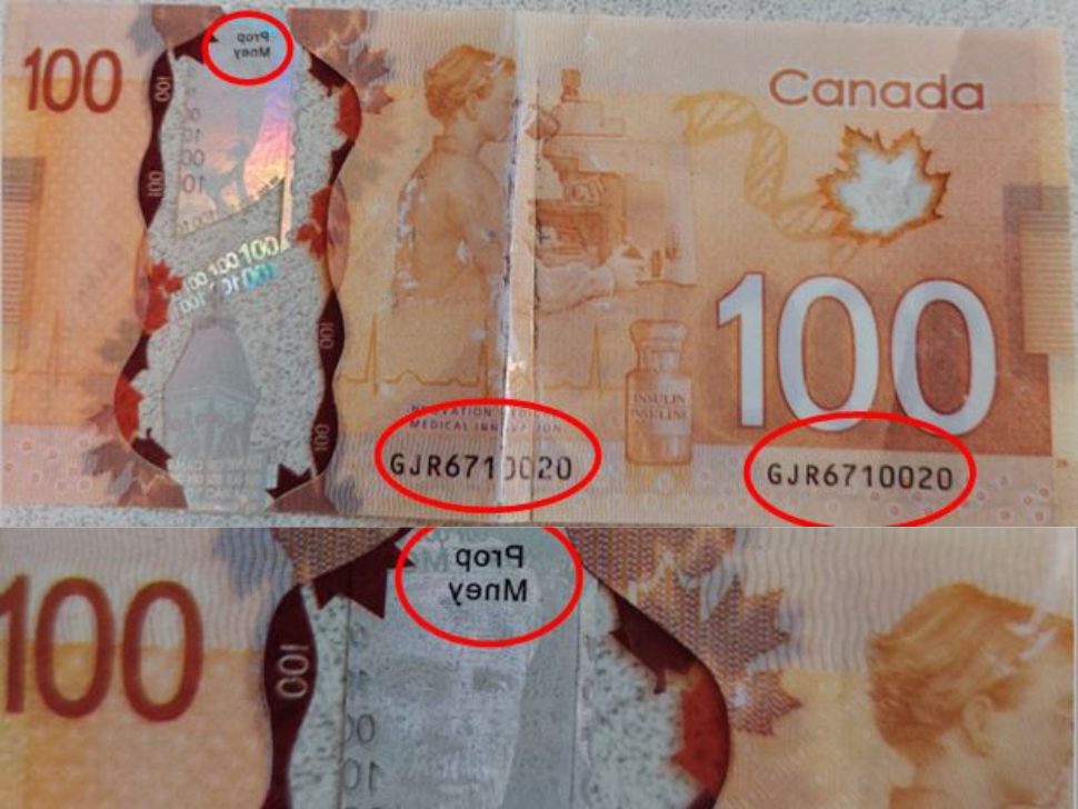 Canadian $100 bills with red circles around indicators of fake money.