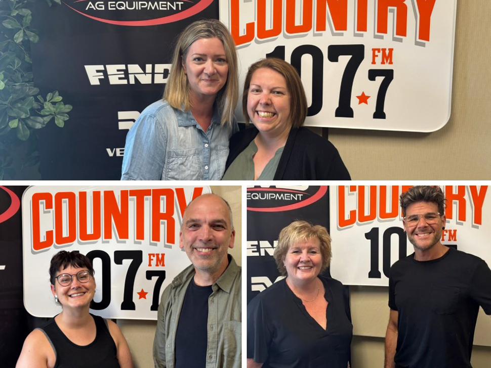 Three images, each with two adults and the Country 107.7 FM sign in the background.