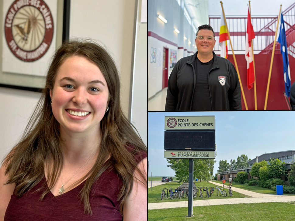 Ecole Pointe des Chenes class valedictorian, Jessie Rivard (left), Principal Patrick Legal and the exterior of the school. 