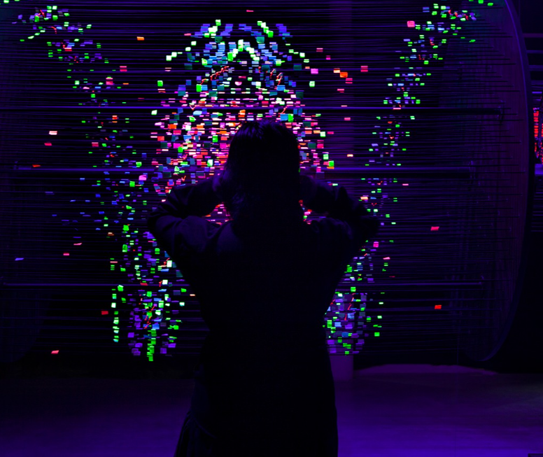 An audience member interacting with 'Halcyon/Kawasemi'. (Source: Plug In Institute)