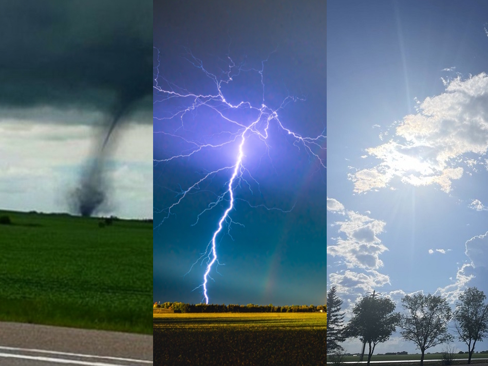 Left image is a funnel cloud touching down. Centre image is a lightning strike. Right image is a sunny sky with a couple of white clouds.