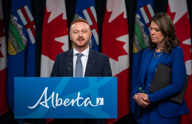 Alberta Premier Danielle Smith and Minister of Justice Mickey Amery announce proposed changes to several pieces of democratic process legislation, in Edmonton on Tuesday April 29, 2025. THE CANADIAN PRESS/Jason Franson