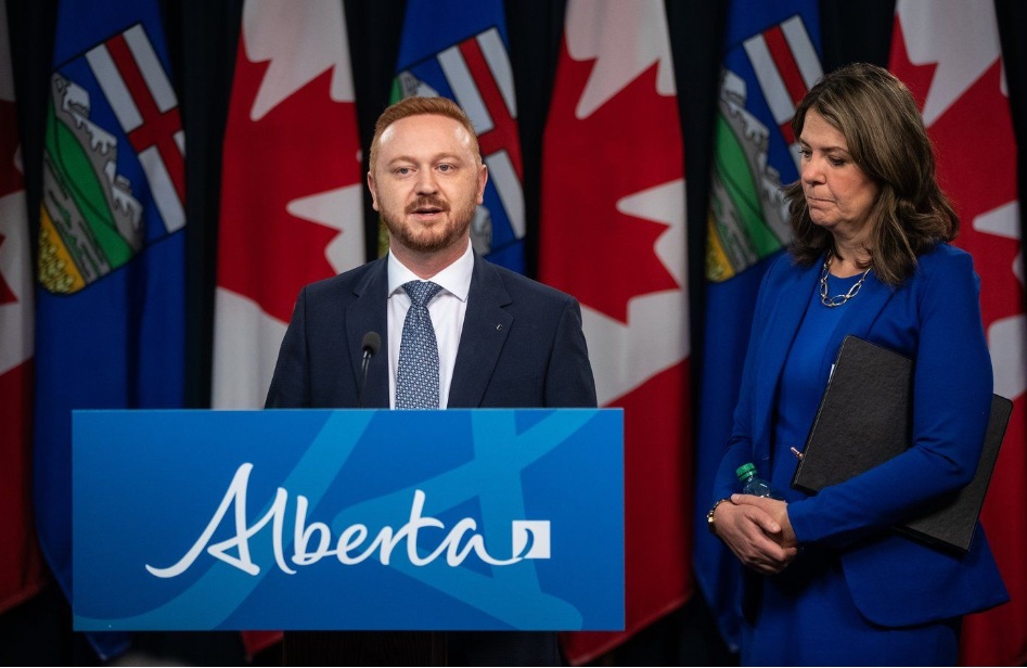 Alberta Premier Danielle Smith and Minister of Justice Mickey Amery announce proposed changes to several pieces of democratic process legislation, in Edmonton on Tuesday April 29, 2025. THE CANADIAN PRESS/Jason Franson