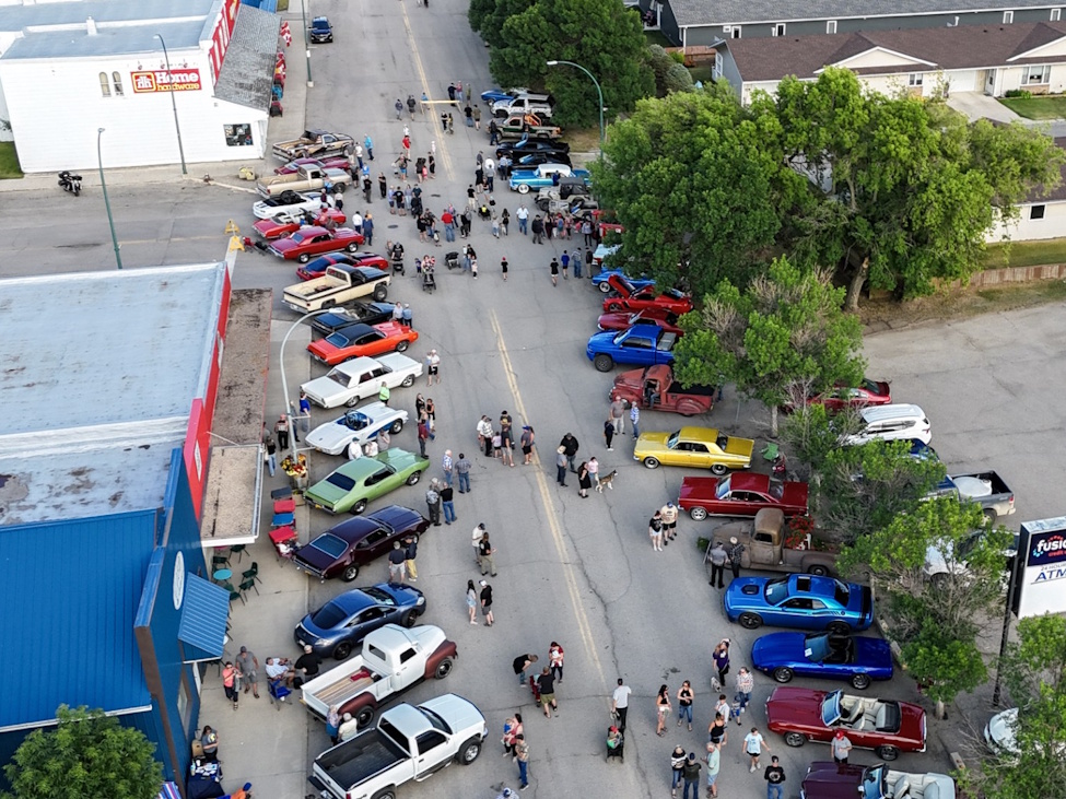 An aerial photograph of a car show