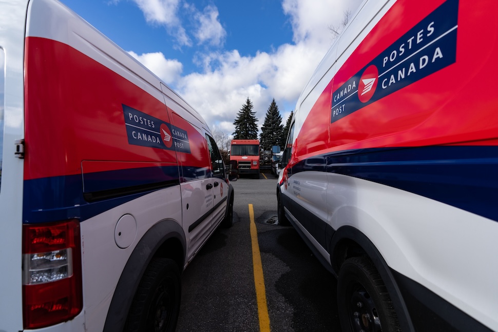 2 mail trucks are seen in a parking lot. the photo is taking between the two, from the rear