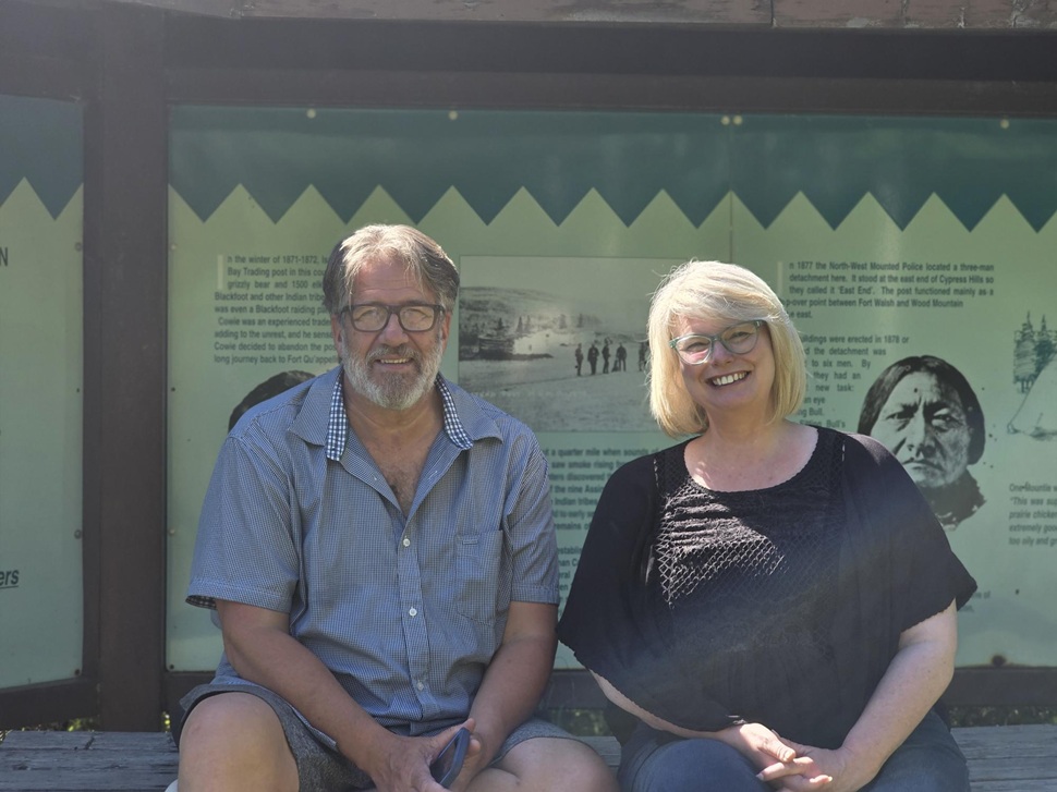 Darren Hagen and his friend Heather Inglis at the Chimney Coulee trail near Eastend. (photo by Hayden Michaels)