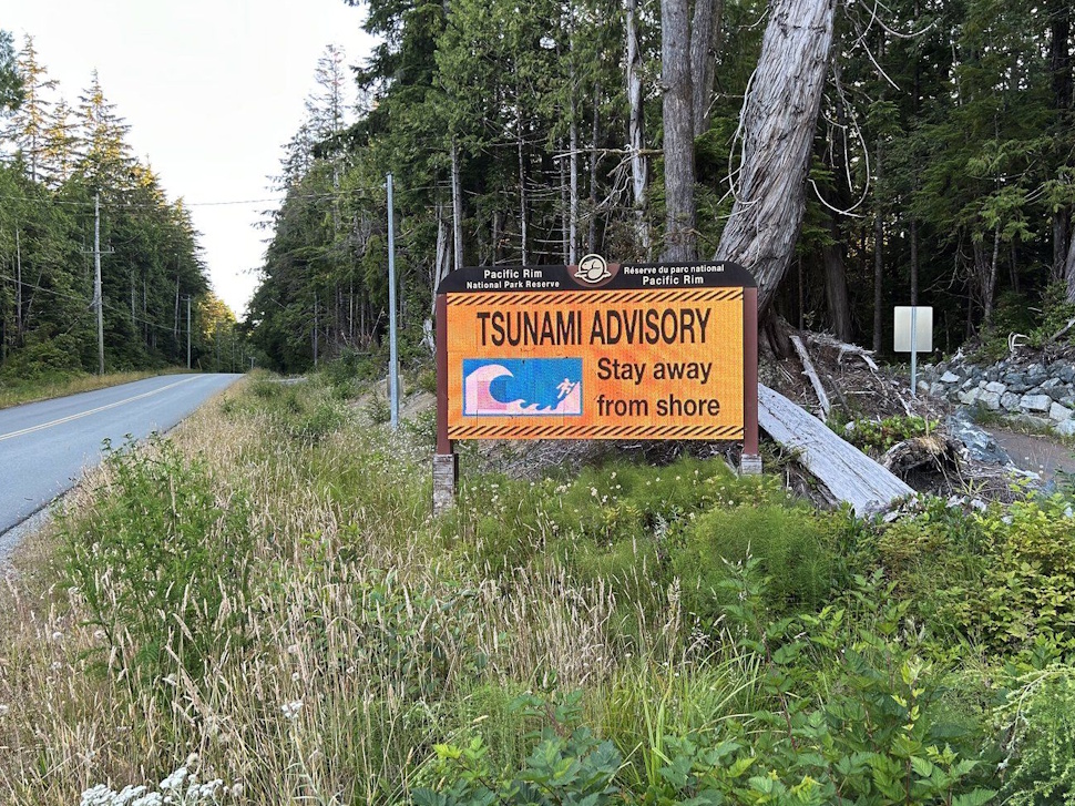 A tsunami advisory sign is seen near Wickaninish Beach at Pacific Rim National Park near Tofino, B.C., on Tuesday, July 29, 2025. THE CANADIAN PRESS/Dirk Meissner