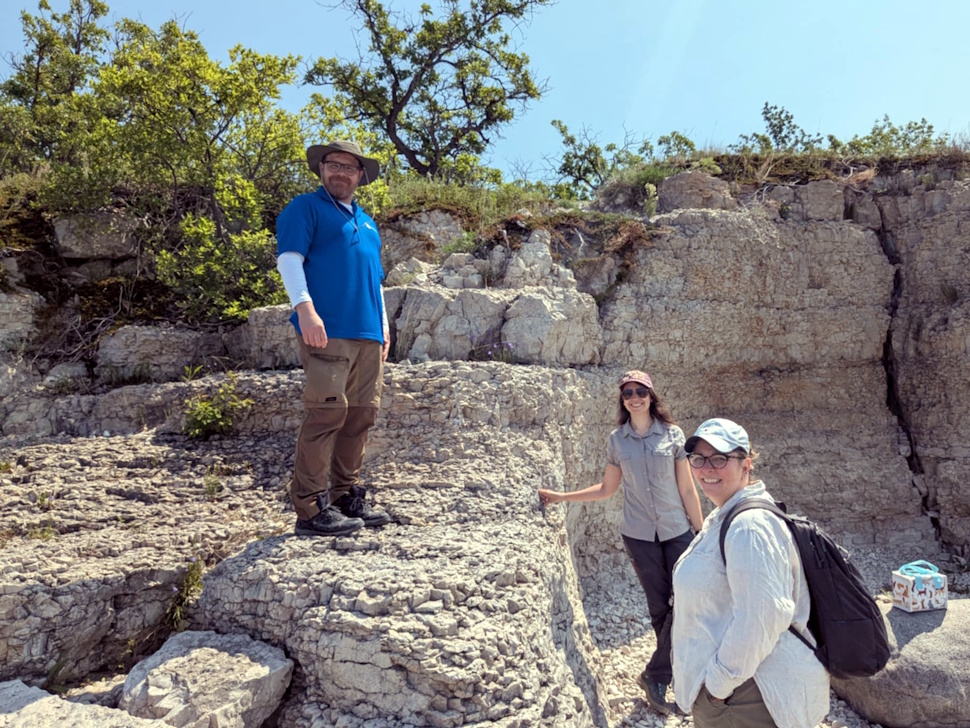 Melina Jobbins (centre) conducts fieldwork in the Interlake region alongside her postdoctoral advisors from the University of Manitoba, uncovering fossils from the Devonian period. Photo submitted/Melina Jobbins