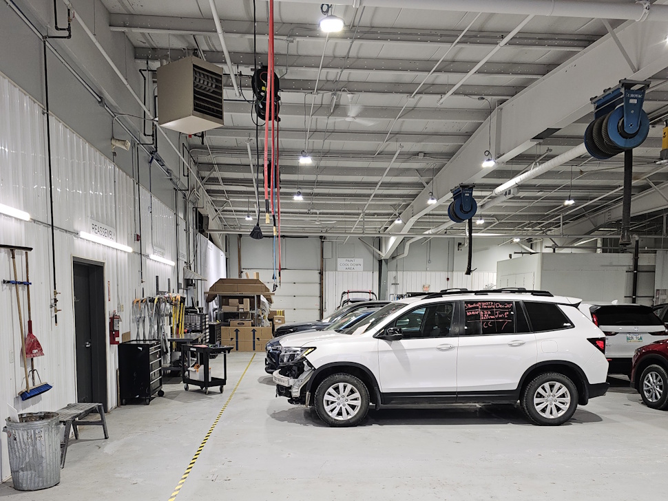 a vehicle in a repair shop
