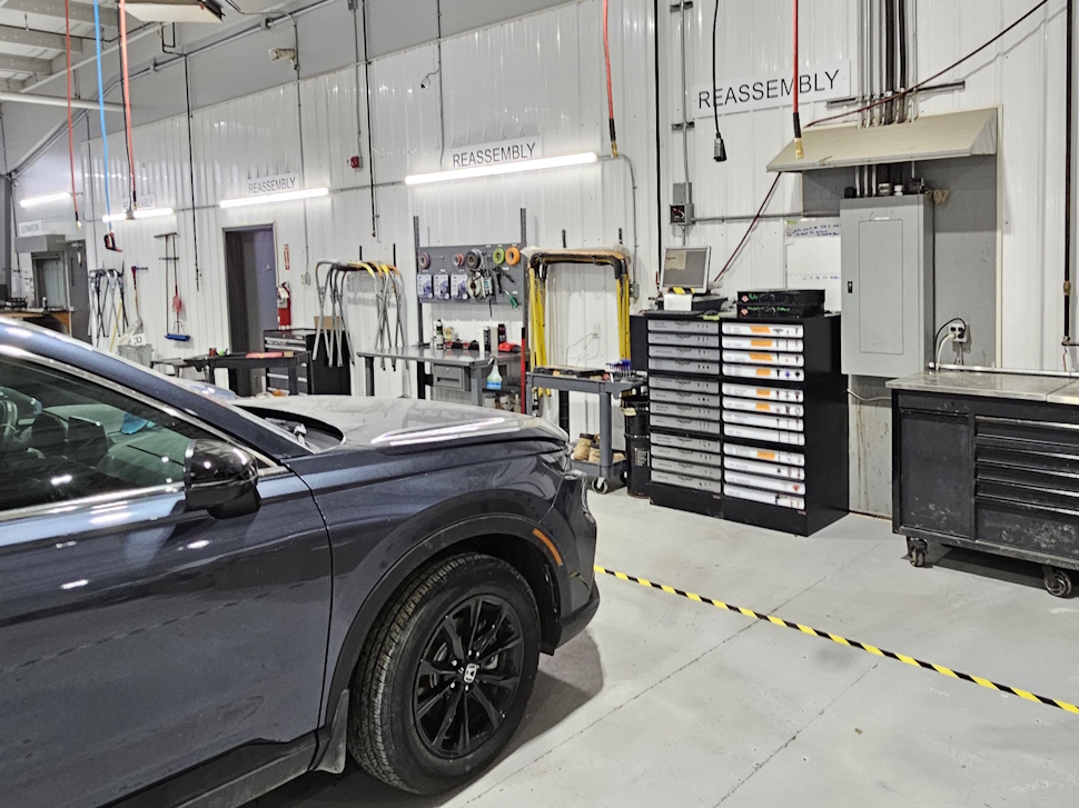 a vehicle in a repair shop