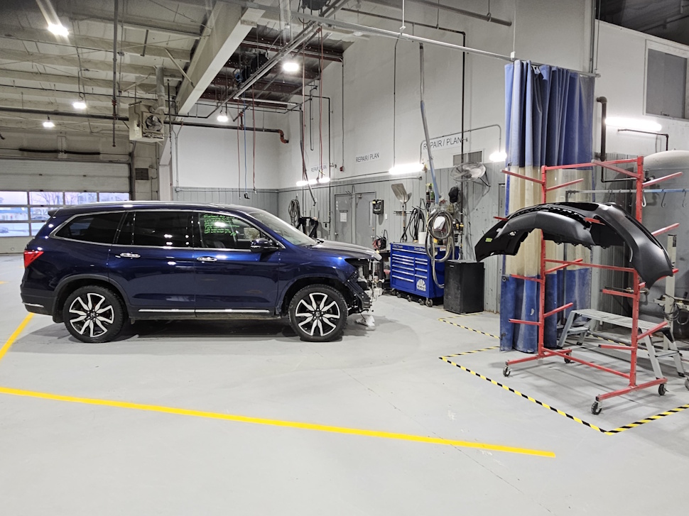 a vehicle in a repair shop