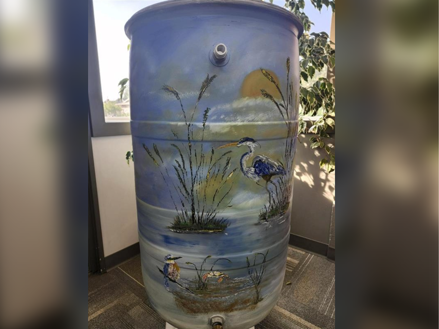 Danny Belanger's custom-painted rain barrel. 