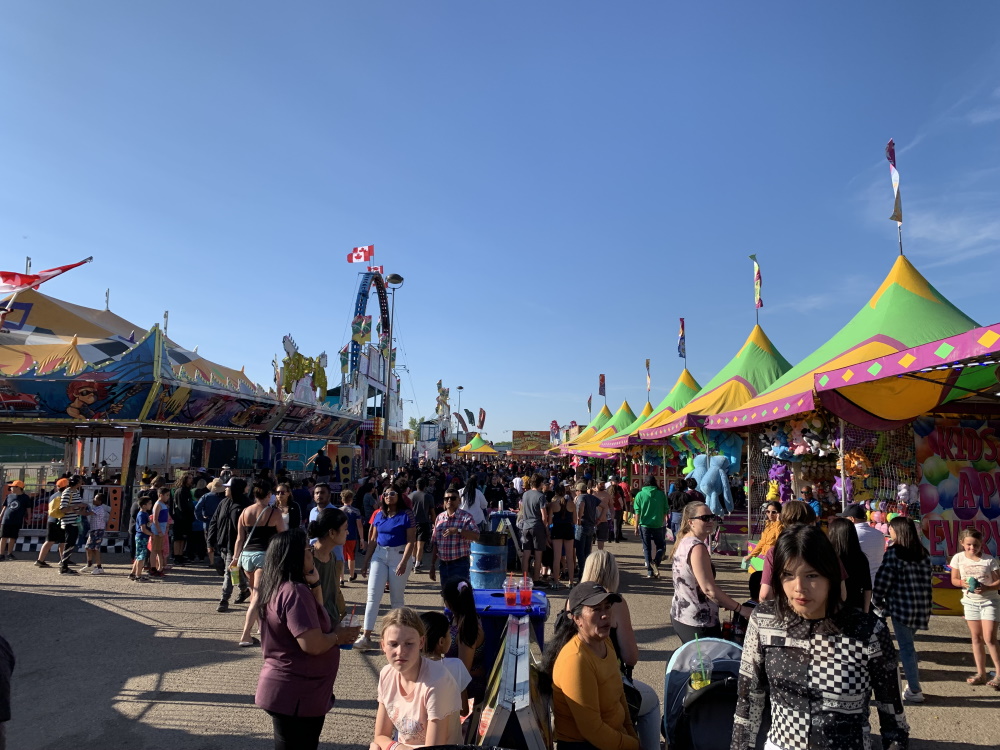 a summer fair with crowds of people and rides
