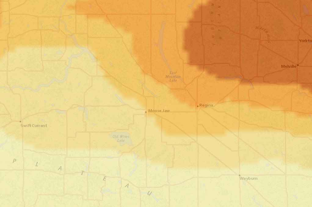 Screenshot 2025-07-21 from FireSmoke.ca showing wildfire smoke blowing over the Moose Jaw area tonight and tomorrow